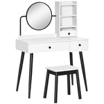 Dressing Table Set 3 Drawers Shelves Round Mirror Stool Bedroom