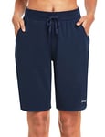 BALEAF Bermuda Femme été Long en Coton Short Bermuda Randonnée Femme Taille Haute Extensible pour Le Yoga, Le Sport,Le Basket-Ball,Les Loisirs-Bleu-XL