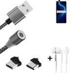 Câble de données + écouteurs pour Huawei Honor X10 a. USB de type C et Micro-