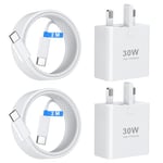 Charger for iPhone 16 15 30W USB C Charger Plug Fast Charging 2M Type-C Cable*2 Pack Phone Wall Charge USBC UK Power Adapter for iPhone 16 15 Pro Max Plus/iPad Pro/Air, Samsung S24 Ultra/S23/S22/S21