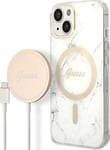 Guess  Guess Gubpp14shmeacsh Case+ Charger Iphone 14 6,1" Biały/White Hard Case Marble Magsafe Nosize