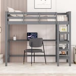 Lit mezzanine 90 x 200 cm - barrière de sécurité avec étagères de rangement et bureau sous lit, sommier à lattes, lit simple style industriel - Gris