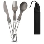 Foldable Titanium Lightweight Camping Cutlery Set with Carabiner and Carry Bag