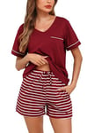 Lovasy Pyjama Femme Coton Short Ensemble de Pyjama Court Col V Manches Courtes Sexy Chic Ete 2 Pièces Vêtements de Nuit Rayé B Vine Rouge S