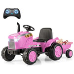 GOPLUS Tracteur Electrique Enfants 12V avec Remorque Amovible, 3 Vitesses 2,5-3,5 km/h, Télécommande, Lumières LED, Son, Voiture Électrique Enfants 1 Place 3-8 Ans,Charge 30KG (Rose)