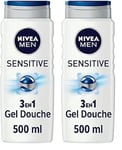 NIVEA MEN Gel Douche Sensitive 3 en 1 (3 x 500 ml), gel douche homme pour peau sensible, nettoyant doux pour corps, cheveux et visage, savon douche à l'extrait de bambou (Lot de 2)