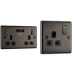 BG Electrical Double Switched Fast Charging Power Socket with Two USB Charging Ports, 13 A, Black Nickel & Electrical Single Switched Power Socket, Black Nickel, 13 Amp