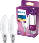 Philips Ampoule LED Flamme E14 40W Blanc Chaud Dépolie, Verre, Lot De 2