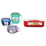 Sistema 3 Pack Soup, Porridge & Noodle Bowl to Go, Assorted Colours & Rectangle Microwave Container | 1.25 L | BPA-Free | Red/Clear