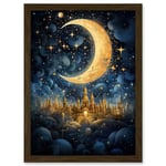 Artery8 Golden City in the Clouds Surreal Artwork Blue Gold Crescent Moon Starry Night Fairytale Artwork Framed A3 Wall Art Print