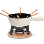 La Fonderie 1890 Service à Fondue en Fonte 6 Personnes Mont Blanc, Fondues Fromage et Chocolat, 6 Fourchettes avec Manches en Bois de hêtre, Socle en Bois Naturel, Capacité 1,8L