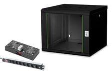 DIGITUS Set: Armoire réseau 19" 9U + Ventilateur de Toit + Bloc multiprise 7 Ports // Rack 19 Pouces - Montage Mural - Profondeur 600mm - Charge 100kg - Profondeur utile 305-450 mm - Noir