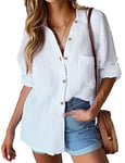 HOTOUCH Womens Casual V Neck Rolled Up Sleeve Tunic Blouse Loose Button Down Shirts Cotton Elegant Plain Shirts Polo Tops White S