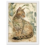 Spotted Fur Coat Bengal Cat in Nature Pastel Watercolour Illustration Artwork Framed Wall Art Print A4