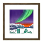 Northern Lights Mountain Lake Vibrant Green Over House Sky Winter Landscape Square Wooden Framed Wall Art Print Picture 8X8 Inch