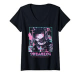 Womens Dreaming Anime Girl Goth Vaporwave Glitch Aesthetic Lovers V-Neck T-Shirt