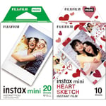 Fujifilm instax mini instant film White Border, 20 Count (Pack of 1), suitable for all instax mini cameras and printers & instax mini film 10 shot pack, HEARTS border