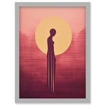 Sunrise Solitude Minimalist Artwork Plum Pink Gold African Woman Silhouette in Golden Sun Halo Artwork Framed Wall Art Print A4