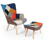 Idmarket - Fauteuil scandinave ivar avec repose pieds en tissu patchwork multicouleurs et imprimé pied de poule