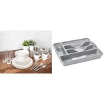 Sabichi 36pc Day to Day White Dinner Set - Microwave & Dishwasher Safe - Plates and Bowls Set & Wham Silver 5 Compartment Plastic Cutlery Holder Tray Drawer Organiser Rack