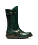 Fly London Womens Green MES 2 Wedge Heel Buckle Mid-Calf Leather Zip Platform Boots - Dark Green - Size UK 5