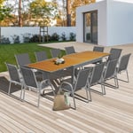 Salon de jardin poly extensible table 135-270 cm et 12 chaises bois et gris foncé - Gris