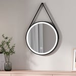 Emke - Miroir lumineux salle de bain rond diamètre 50cm cadre noir avec lanière réglable, Miroir led avec Interrupteur Tactile, Miroir avec éclairage