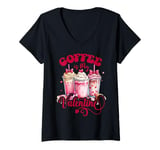 Womens Cute Pink Coffee Is My Valentine Coquette Bow Valentines Day V-Neck T-Shirt