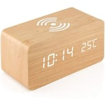 Start - Réveil Numérique, Horloge en bois rechargeable sans fil,Alarm Réveil led avec TempératureSnooze pour Enfant,Maison,Couleur du bois de bambou