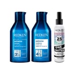 Shampoing Extreme Redken pour Cheveux Abîmés 300ml +Après-shampoing Extreme Redken 300ml +Soin Sans Rinçage Tout en Un Redken, Multi-Bénéfices Spray Thermo-Protecteur Tous Types de Cheveux 150ml