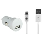 Chargeur voiture 2.4A Charge rapide + Câble USB A/Lightning Blanc Bigben - Neuf