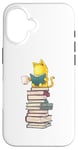 Coque pour iPhone 16 Kawaii Cat Reading Book Stack Cute Bookworm T-shirt graphique