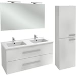 Meuble double vasque 120 cm Jacob Delafon Ola Up blanc brillant + colonne + miroir et spots