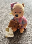 Disney Store Winnie The Pooh Night Wear Holding Teddy Soft Toy Beanie Plush 15cm