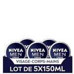 NIVEA MEN Crème hydratante 3-en-1 (lot de 5 x 150 ml), Crème visage, corps et mains nourrissante pour homme, Soin hydratant enrichi en Vitamine E et Glycérine