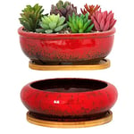 ARTKETTY Pots de Fleurs en céramique avec Plateau de Drainage en Bambou, 1 Pot de Fleurs rectangulaire + 1 Pot de Fleurs Rond pour intérieur (Rouge)