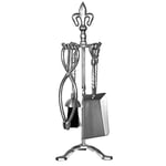 Home Discount Fire Vida 5 Piece Fleur De Lys Fire Companion Set, Pewter Fireside Fireplace