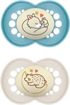 MAM Original Night Soother 16+ Months (Set of 2), Sustainable and Bio-Renewable Baby Soother, SkinSoft Silicone Teat, Glow in the Dark Soother, Blue (Designs May Vary)