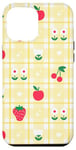 Coque pour iPhone 14 Plus Vichy jaune avec pommes, fleurs, cœurs, cerises, étoiles