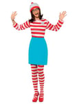 Smiffys Where's Wally Wenda Costume, Adults Red & White Top, Skirt, Hat, Tights & Glasses, Iconic Bobble Hat & Elasticated Skirt, Perfect for a Themed Parties or World Book Day or Halloween