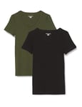 Amazon Essentials T-Shirt Col en v à Manches Courtes Coupe Ajustée Femme, Lot de 2, Vert Olive Foncé/Noir, S