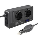 Onduleur de Voiture 200W, Convertisseur de Tension 12V à 220V avec Affichage Intelligent de L'Heure lcd, 2 Prises et 4 Chargeurs de Voiture usb