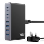 200W USB C Charger Block,GaN III 8-Ports USB C Charger,QC4.0 Fast Phone Charging Station Hub+PD 65W USB C Laptop Charger Compatible with MacBook Pro/Air,DELL,iPhone 16 Pro/15,Galaxy S24/S23,Steam Deck