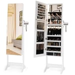 GOPLUS Armoire à Bijoux avec Miroir sur Pied, 2 en 1 Organisateur de Bijoux Verrouillable avec Lumières LED 3 Couleurs, 3 Angles Réglables, Armoire de Rangement Modern pour Collier, Bague, Blanc