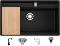 Evier Cuisine Noir Metallic 88x53cm + Kit de Vidage + Robinet + Accessoires, Evier au meuble 90cm  Oslo Pocket de Primagran