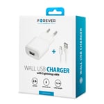 Forever vægoplader USB 2A TC-01 + iPhone 8-pin kabel - Hvid