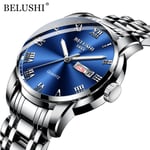 BELUSHI Toppmärke Lyx Herrklockor Lysande vattentät watch i rostfritt stål Quartz Herr Datumkalender Business Armbandsur Silver Blue