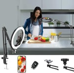 Anneau Lumineux avec Trépied, Support de Caméra Aérienne avec Ring Light 10'', Support Téléphone avec Télécommande Bluetooth, Idéal pour Enregistrement Vidéo, Cuisine, Streaming en Direct