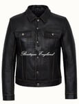 Men's "trucker" Black Rub Off Cowhide Casual Denim Style Leather Jacket 1280