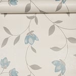 Freya Light Blue Floral Trail Grey Silver Glitter Textured Vinyl Wallpaper